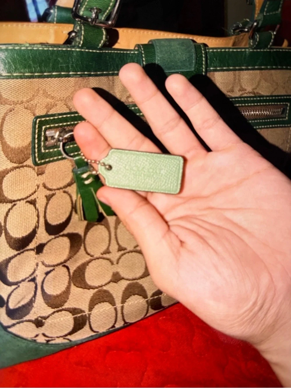 Vintage Coach Green Canvas & Suede Shoulder Bag with Signature Pattern